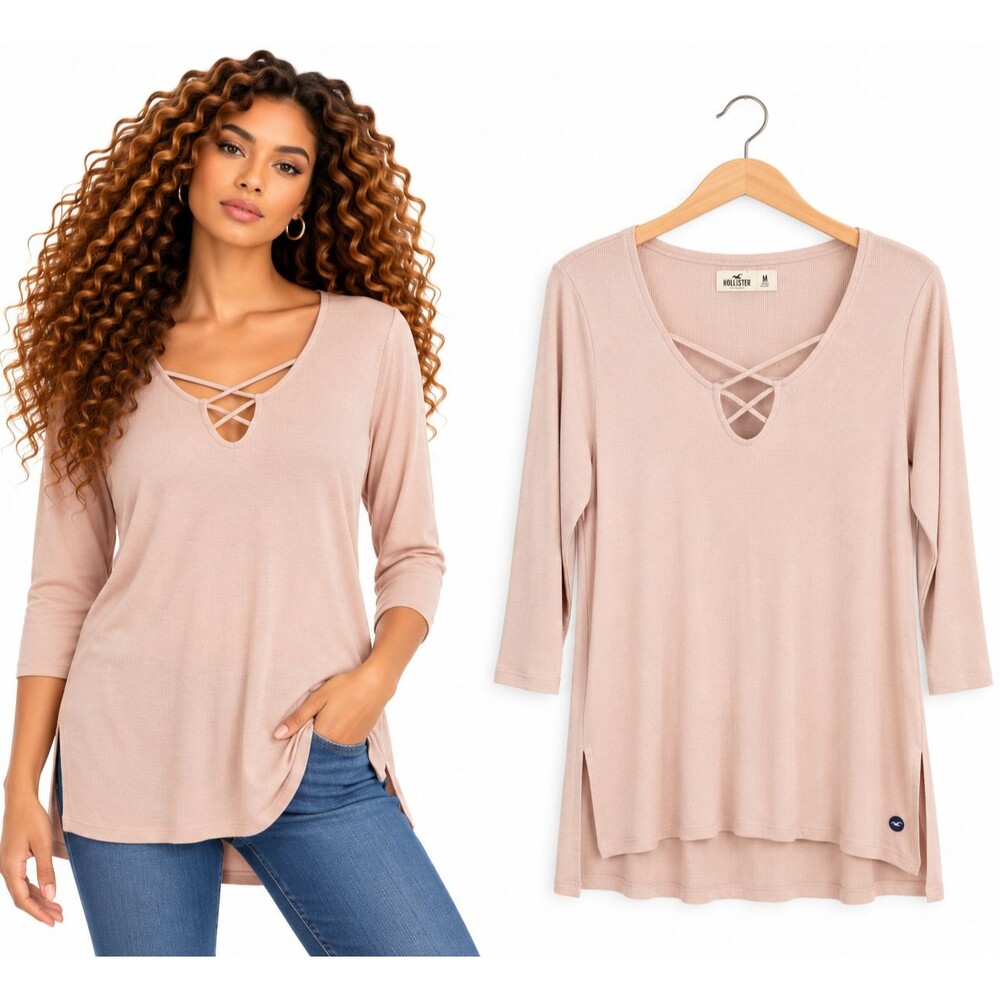 New Hollister Ribbed Knit Casual Top Size Medium Blush Pink 3/4 Sleeve
